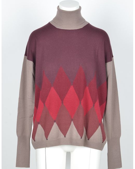 Ballantyne Designer Knitwear Bordeaux Cashmere Turtleneck Sweater w/Argyle Inlay