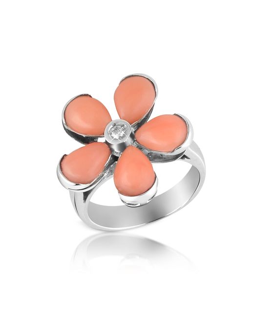 Del Gatto Designer Rings Diamond and Coral Flower 18K