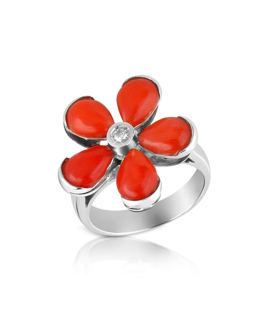 Del Gatto Designer Rings Diamond and Coral Flower 18K