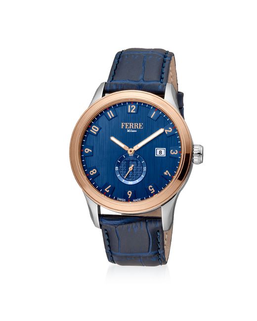 Ferre' Milano Montres Homme Blue Dial Rose Gold Tone Stainless Steel Watch w/Leather Strap