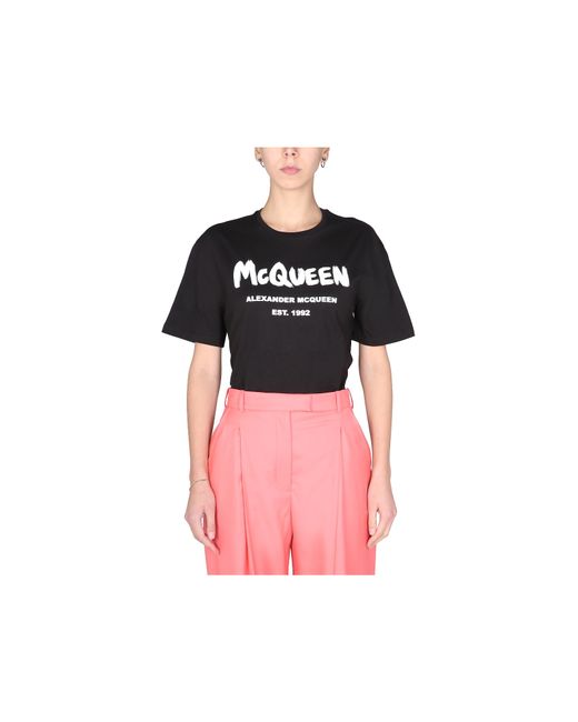 Alexander McQueen T-Shirts Tops Graffito Logo Print T-Shirt