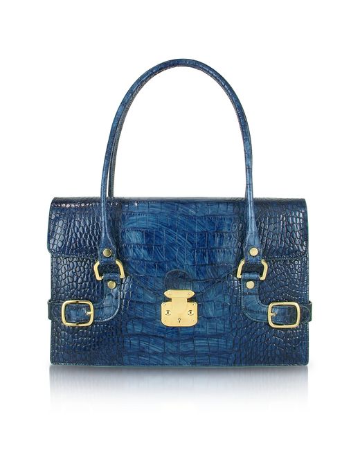 L.A.P.A. L.A.P.A. Designer Handbags Indigo Croco Stamped Italian Leather Shoulder Bag