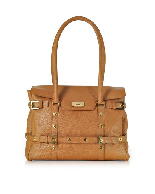 Fontanelli Designer Handbags Camel Buckled Calf Leather Satchel Bag