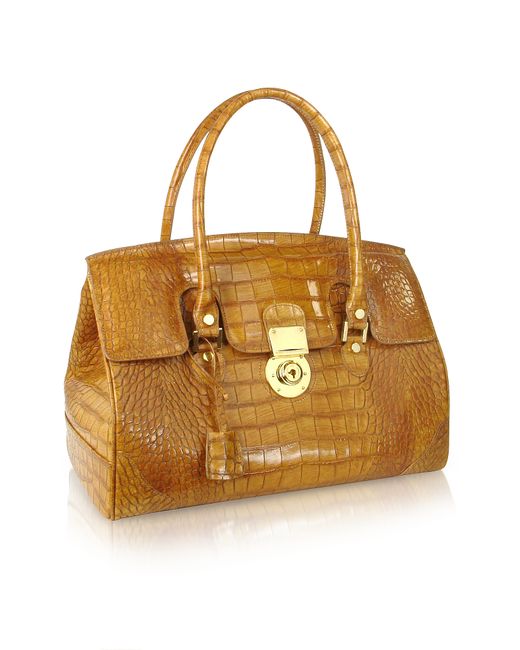 L.A.P.A. L.A.P.A. Designer Handbags Camel Croco Stamped Genuine Leather Satchel Bag