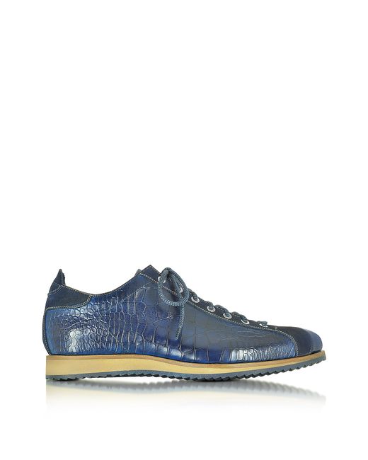Forzieri Designer Shoes Italian Handcrafted Indigo Suede Croco Print
