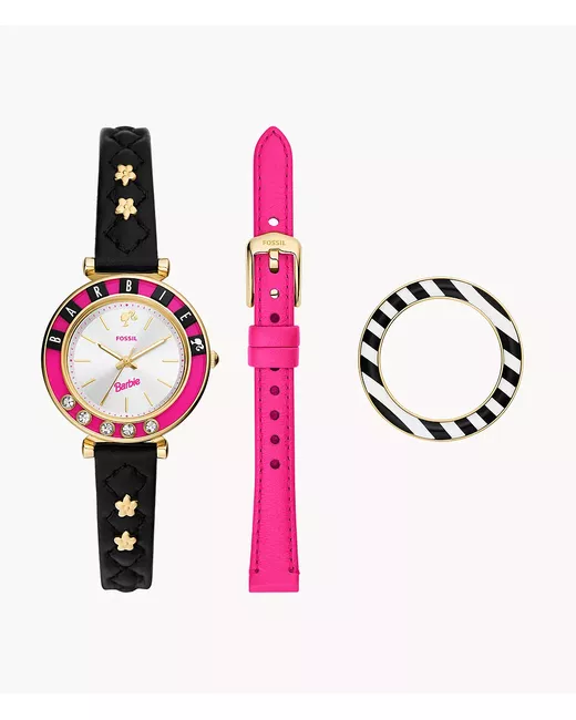 Fossil Barbie x Limited Edition Three-Hand Black LiteHide Leather Watch and Interchangeable Strap Box Set