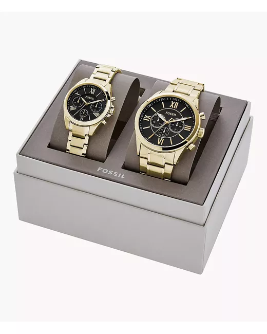 Fossil Outlet His and Her Chronograph Tone Stainless Steel Watch Gift Set