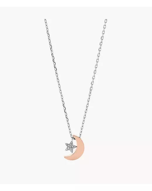 Fossil Outlet Moon and Star Two-Tone Stainless Steel Necklace Rose Gold Tone