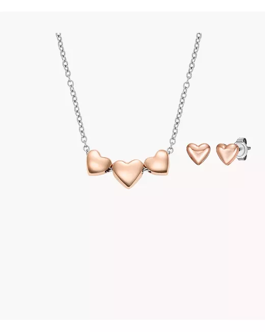 Fossil Outlet Heart Two-Tone Stainless Steel Necklace and Earrings Gift Set Rose Gold-Tone Tone