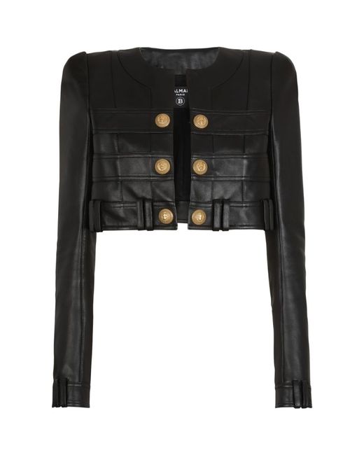 Balmain Leather Collarless Cropped Jacket