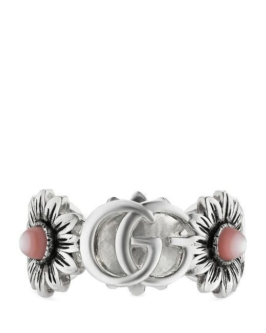 Gucci Sterling Mother-of-Pearl and Topaz Double G Flower Ring
