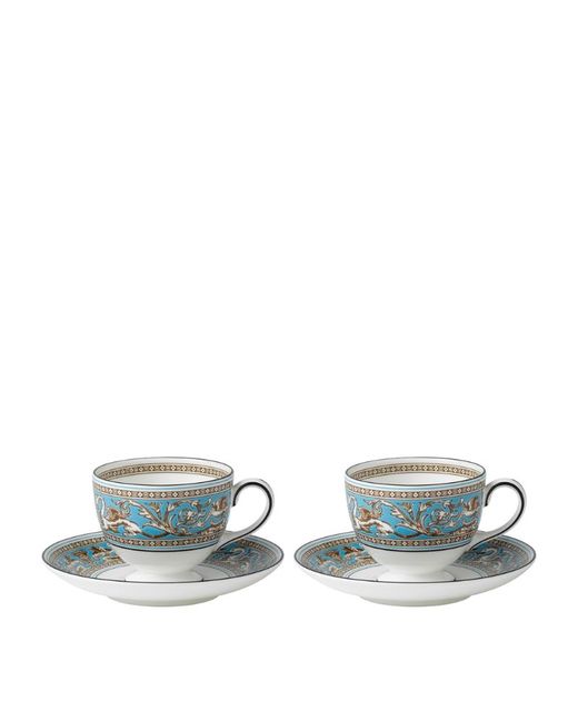 Wedgwood Florentine Turquoise Teacups and Saucers Set of 2