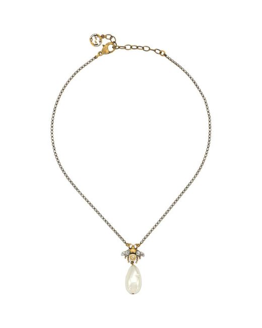 Gucci Embellished Bee and Pearl Charm Necklace