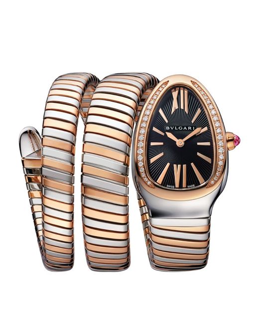 Bvlgari Stainless Steel Rose Gold and Diamond Serpenti Tubogas Watch 35mm