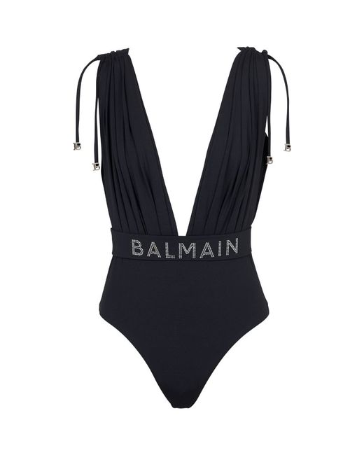 Balmain Logo Draped Swimsuit