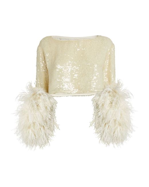 Lapointe Sequinned Feather-Trim Crop Top