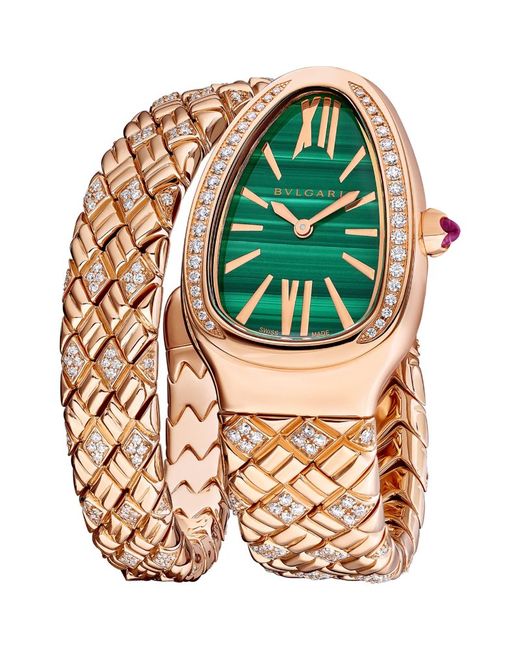 Bvlgari Rose Gold Diamond and Malachite Serpenti Spiga Watch 35mm