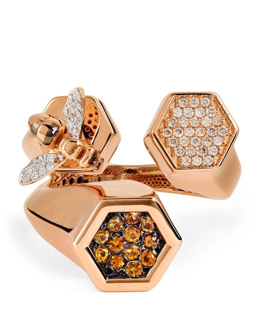 Bee Goddess Diamond and Orange Sapphire Honeycomb Ring 14