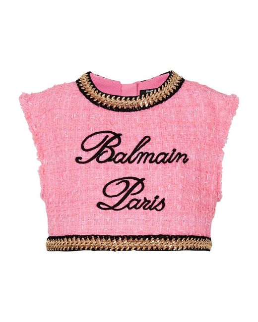 Balmain Tweed Logo Crop Top
