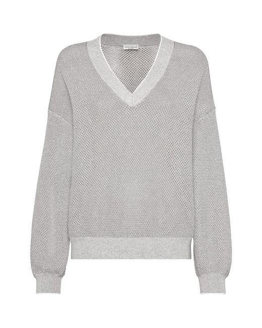 Brunello Cucinelli Cotton Net V-Neck Sweater