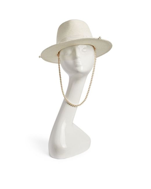 Ruslan Baginskiy Straw Fedora Hat With Pearl Chain Chin Strap