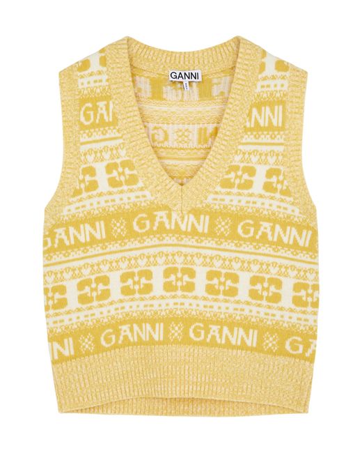 Ganni Striped Logo-intarsia Wool-blend Vest
