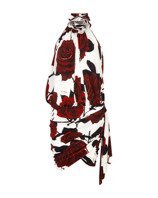 Balmain Rose-print Halterneck Draped Mini Dress 38 UK10