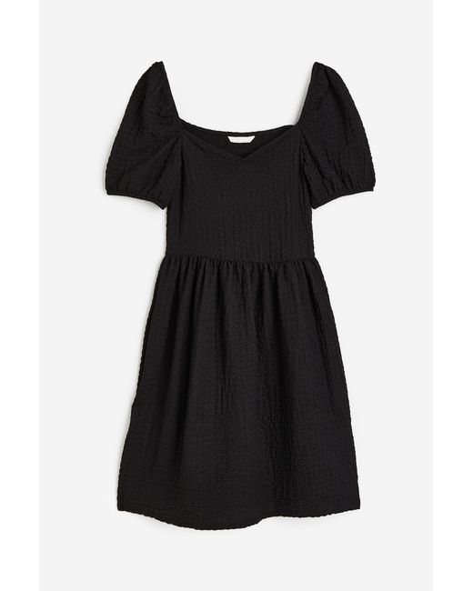 H & M Puff-sleeved Textured Jersey Dress