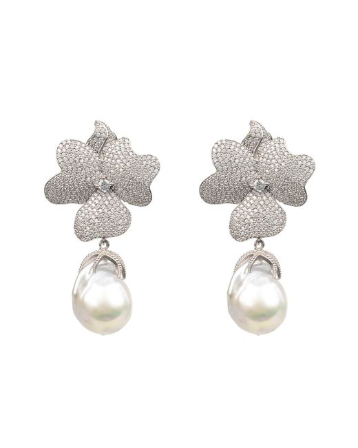 Latelita London Rhodium Plated White Flower Baroque Pearl Drop Earrings