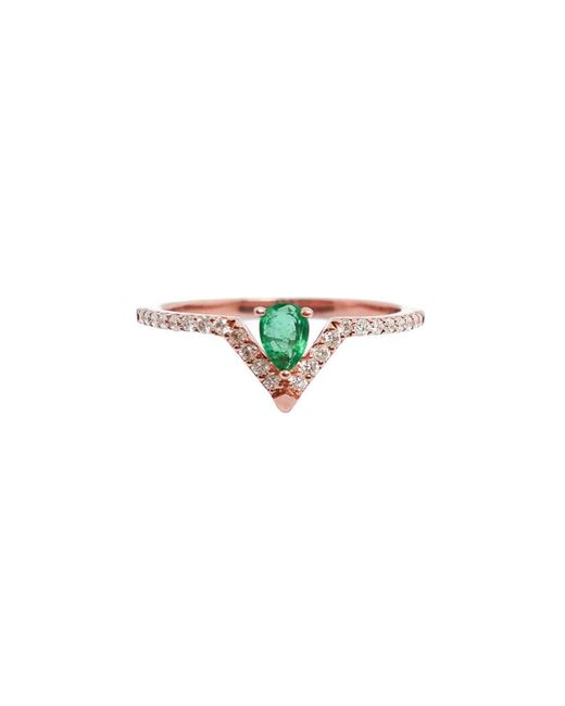 Ri Noor 18kt Rose Gold Emerald Pear Diamond Ring UK N US 6.75 EU 53.8