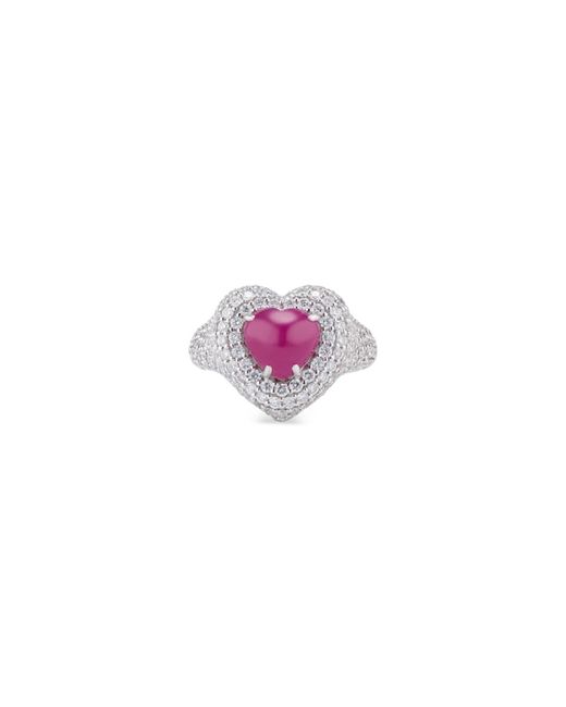 Ri Noor 18kt White Gold Ruby Cabochon Diamond Big Heart Pinky Ring