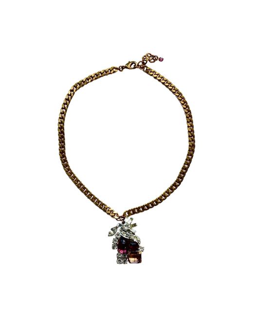 FUCHSIA by Izumi Tahara Glass Brass Vintage Bohemian Pendant Necklace Rose Pink Violet