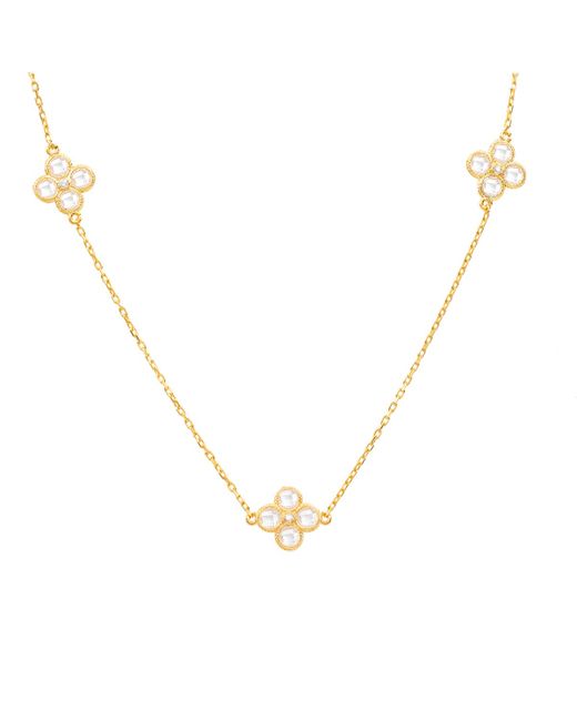 Latelita London 22kt Plated Silver Flower Clover Long Chain White Quartz Necklace