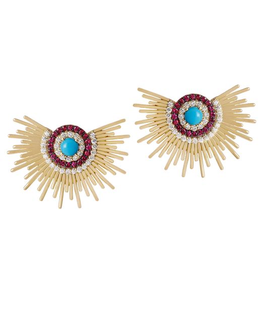 Falamank by Tarfa Itani 18kt Gold Earrings With Turquoise Ruby And White Diamonds
