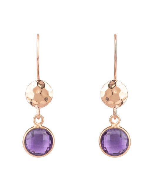 Latelita London Rose Gold Plated Hammered Circle Earrings With Amethyst