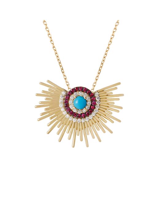 Falamank by Tarfa Itani 18kt Yellow Gold Necklace With Turquoise Ruby White Diamonds