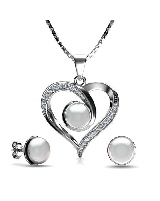 Dephini Pearl Necklace Earrings Set With Cubic Zirconia Crystals