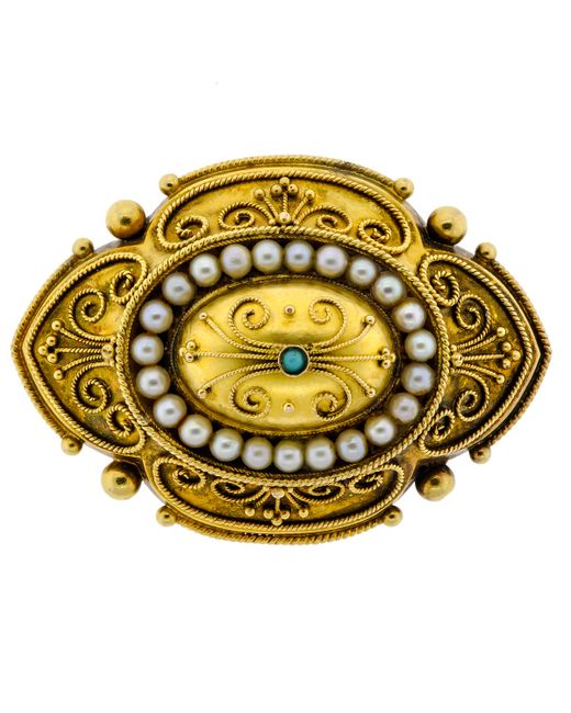 Lori Mesa Antiques & Fine Jewelry Superb Victorian 14kt Yellow Gold Pearl Turquoise Locket Compartment Back Brooch