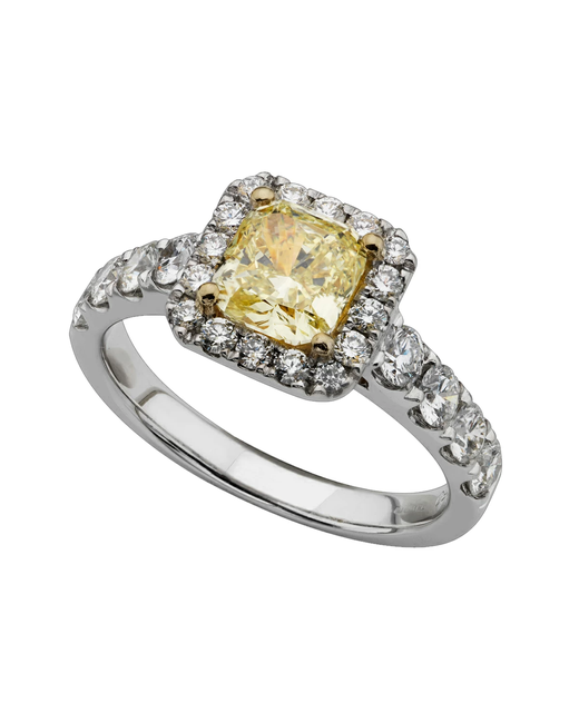 London DE 18kt White Gold Fancy Yellow Diamond Halo Ring