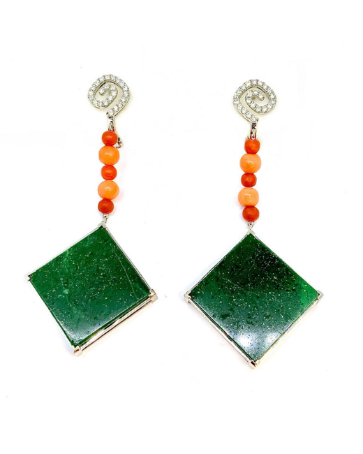 Lesunja Fine Jewellery Lesunja Magnifique Platinum Diamond Jade Coral Ear Dangle