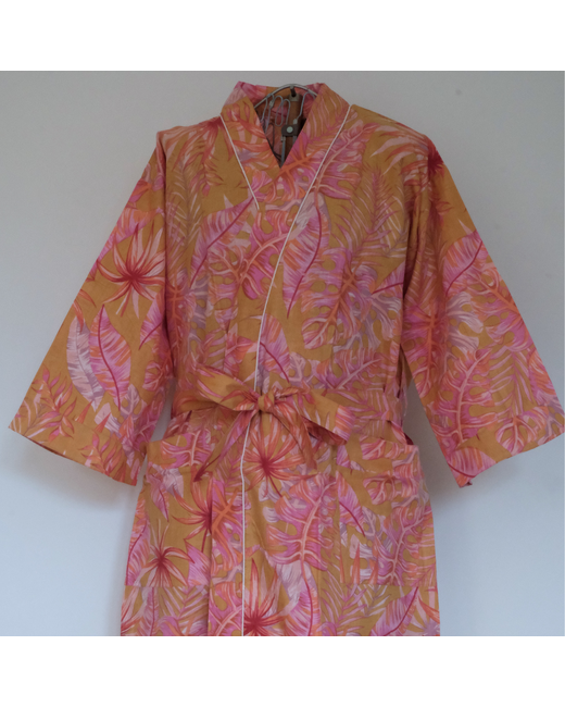 Moon Water Treasures Peach Tropical Screen Print Kimono Robe