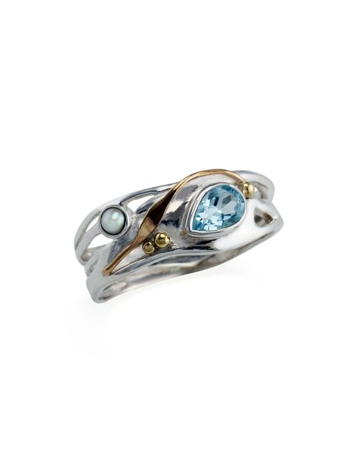 Banyan Jewellery Teardrop blue topaz and pearl ring UK M US 6.25 EU 52.5