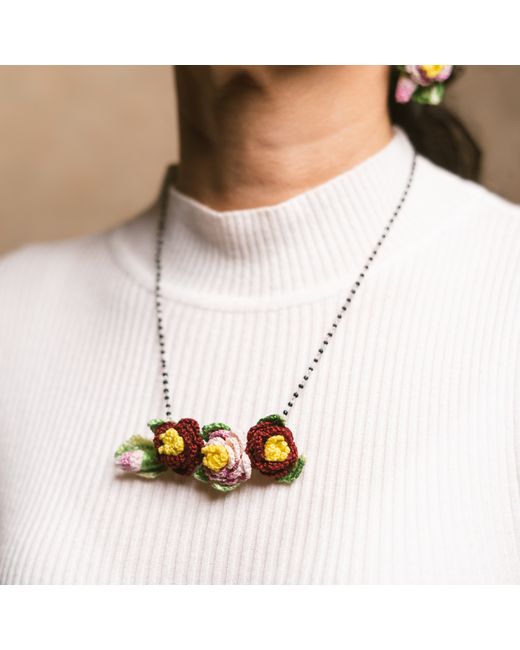 NandniStudio Micro Crochet Triple Flower Pendant Earring Set