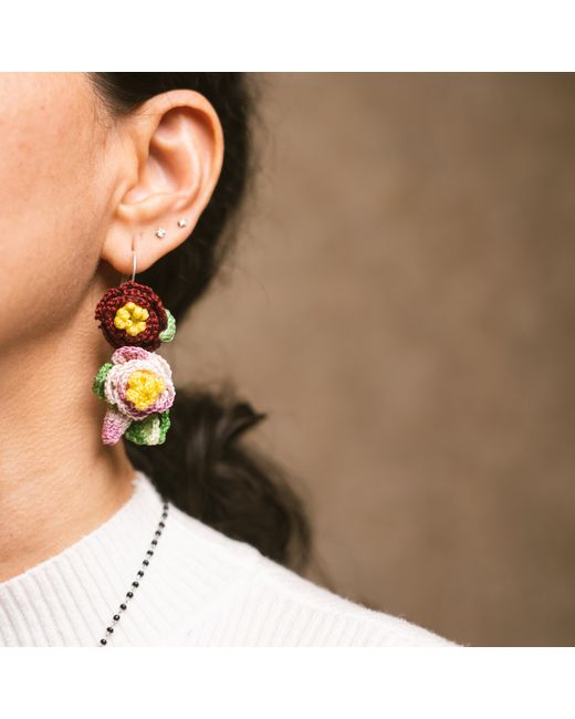 NandniStudio Micro Crochet Double Flower Pendant Earring Set