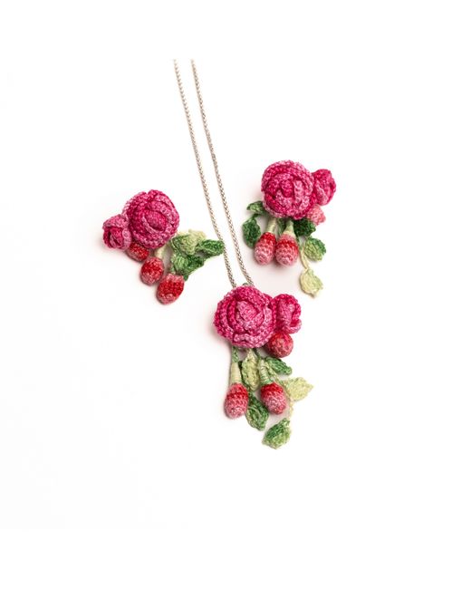 NandniStudio Micro Crochet Rose Pendant Earring Set