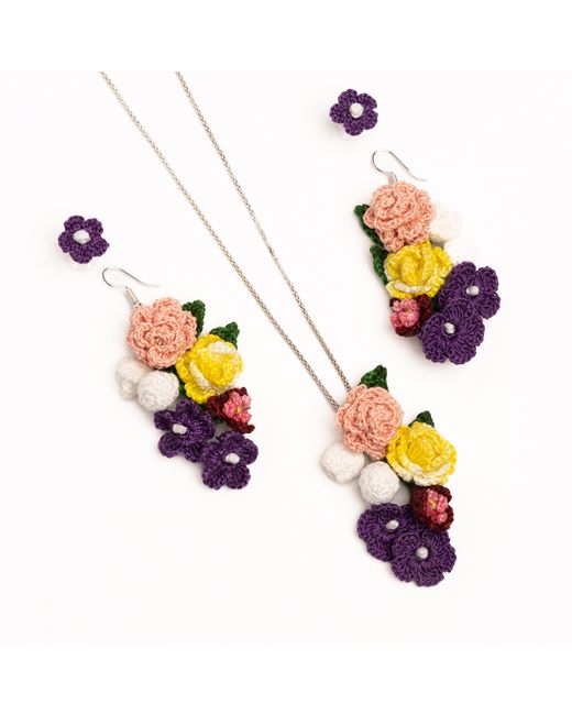 NandniStudio Micro Crochet Multicolour Flower Pendant Earring Set