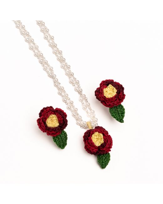 NandniStudio Micro Crochet Flowers Pendant Earring Set