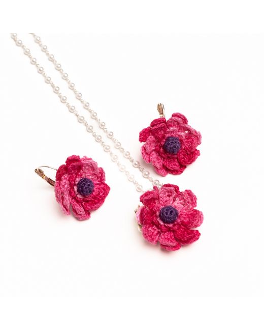NandniStudio Micro Crochet Flowers Pendant Earring Set
