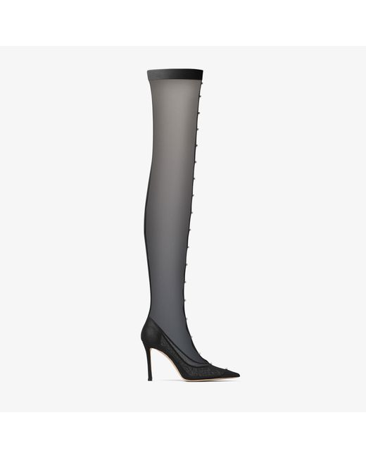Jimmy Choo Psyche Over The Knee 95 stretch mesh over the knee boots with pearls