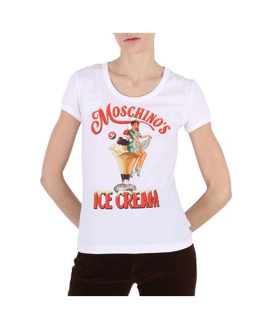 Moschino Ladies White Ice Cream Print Cotton T-Shirt
